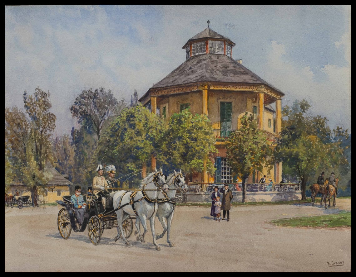 Kaiser Franz Joseph in einer Kutsche vor dem Lusthaus im Wiener Prater