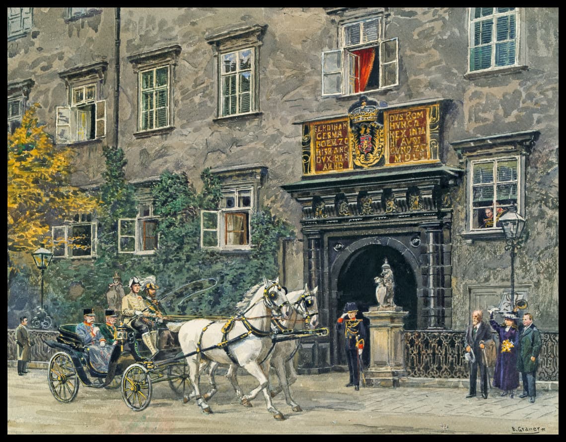 Kaiser Franz Joseph in einer Kutsche vor dem Schweizer Tor