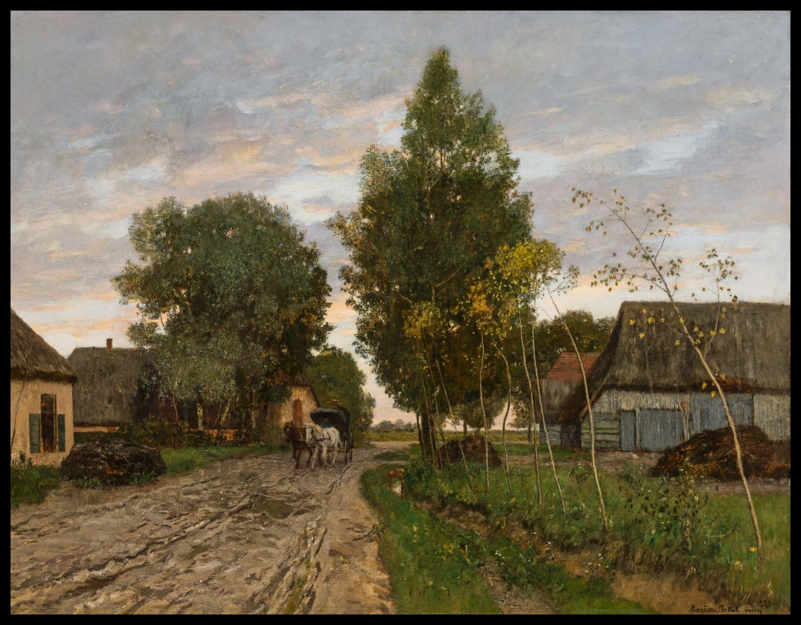 Dorfstraße mit Pferdefuhrwerk