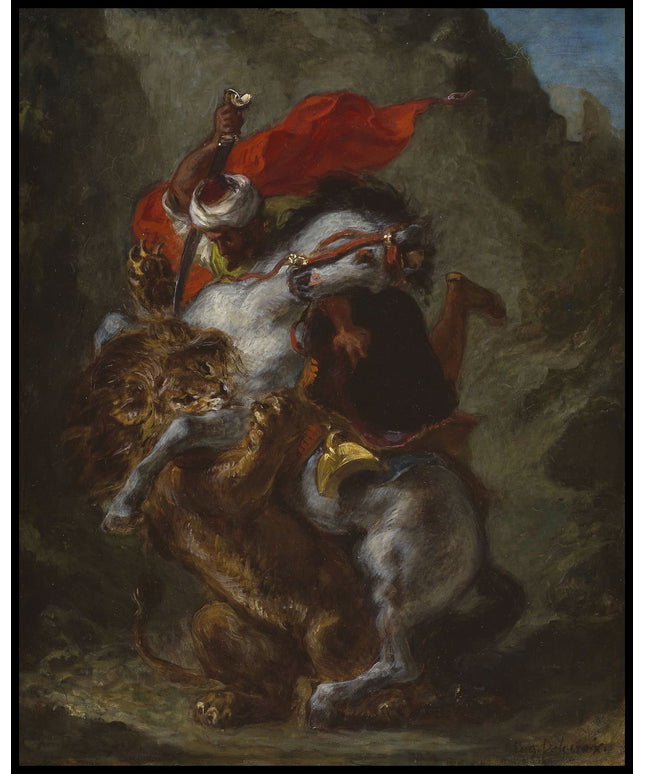 Arab horseman attacked by a lion