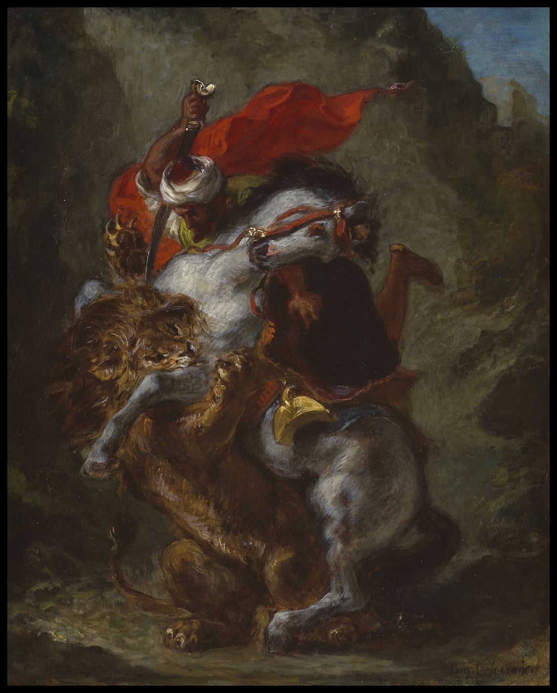 Arab horseman attacked by a lion