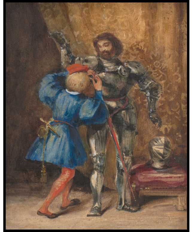Götz von Berlichingen being dressed in armor by his page, George