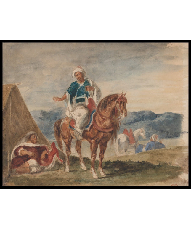 Three Arab horsemen at an encampment