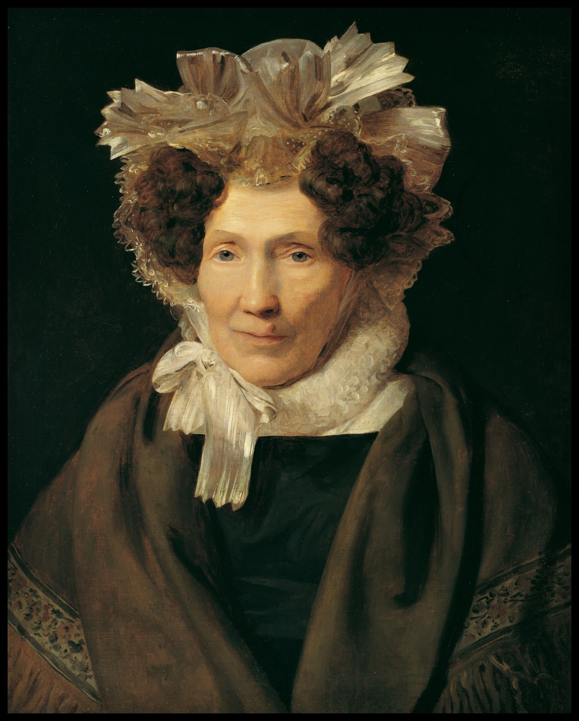 Old woman with white ribbon hood