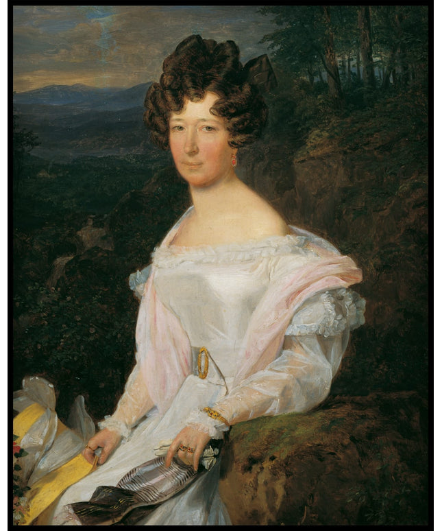 Dame in weißem Kleid vor einer Wienerwaldlandschaft