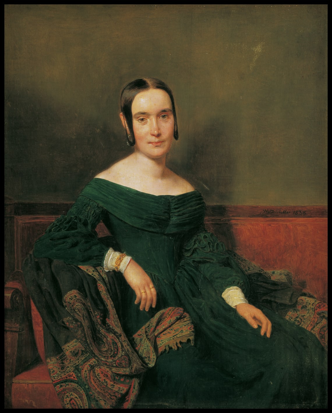 Lady in vermilion green dress