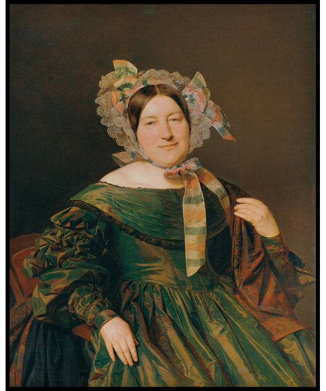 Frau in grünem, lachsrot changierendem Kleid