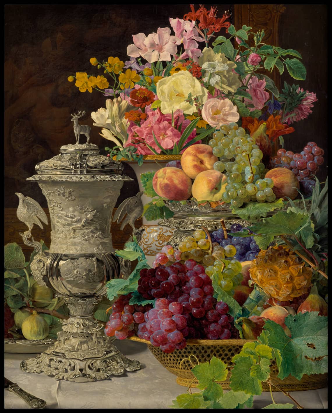 Still life with fruit, flowers and silver goblet