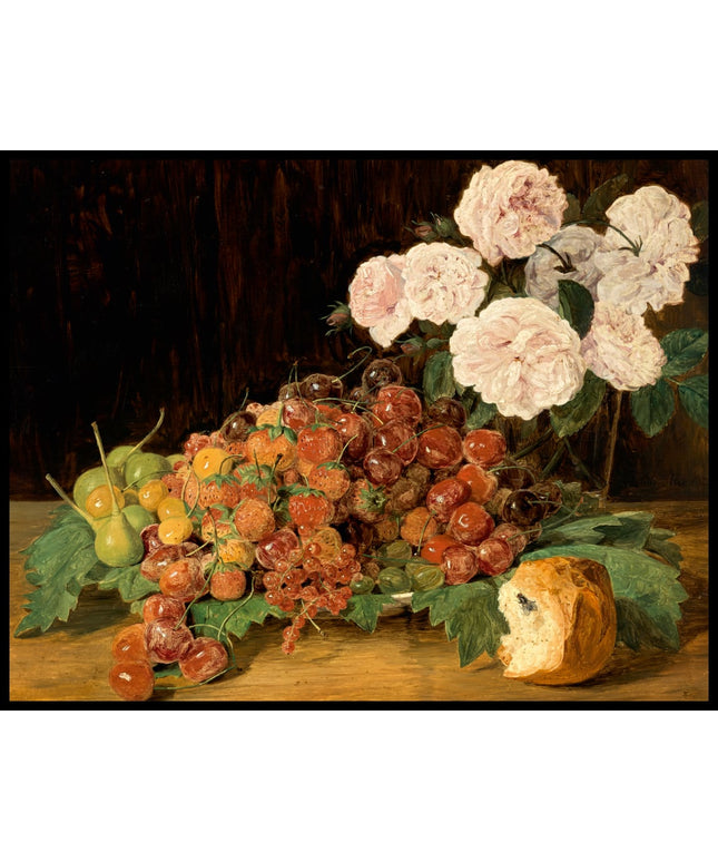 Stillleben mit Rosen, Erdbeeren und Brot