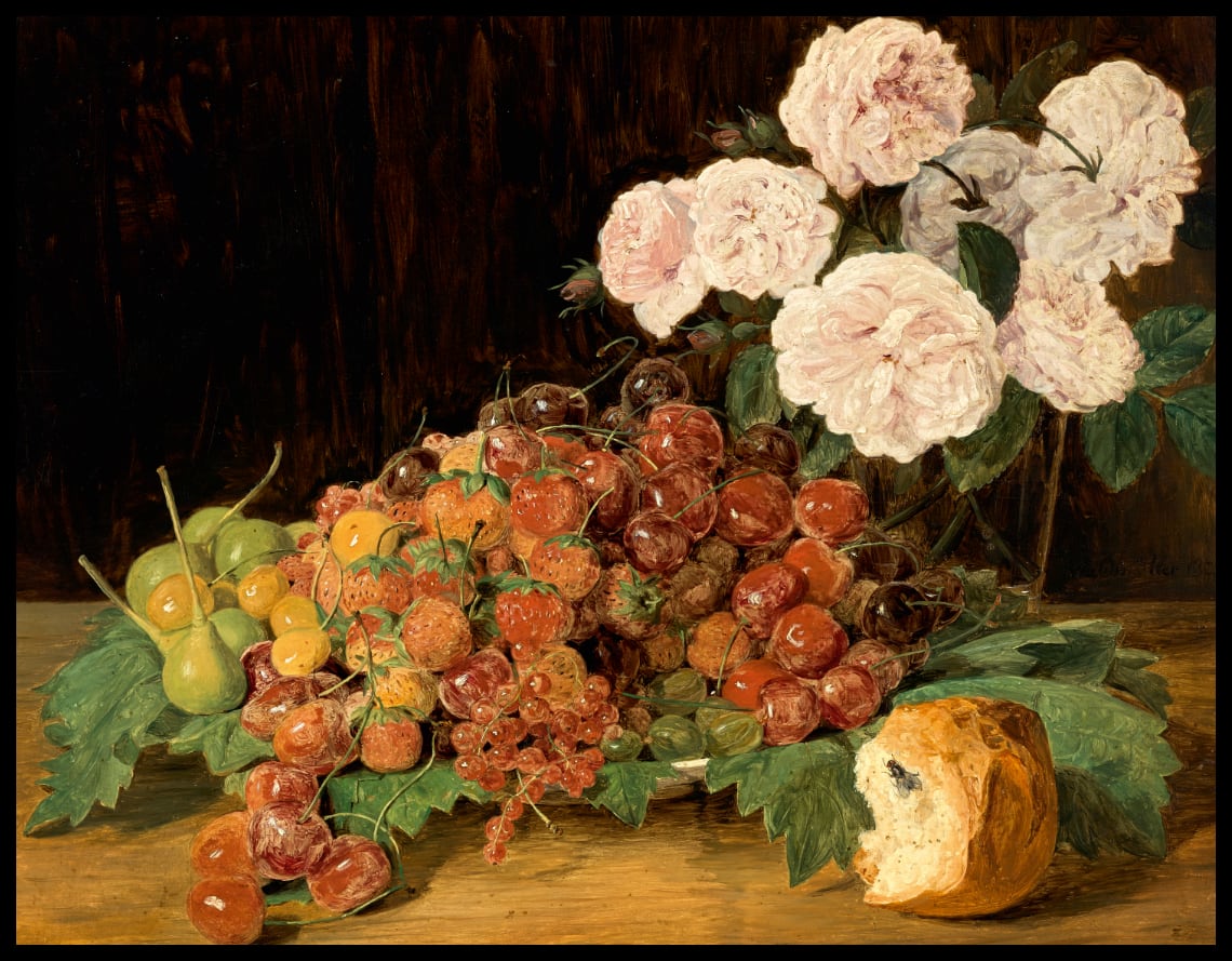 Still life with roses, strawberries and bread