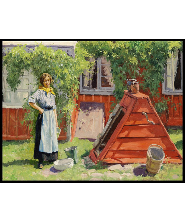 Pige ved en brond for et rodmalet svensk træhus