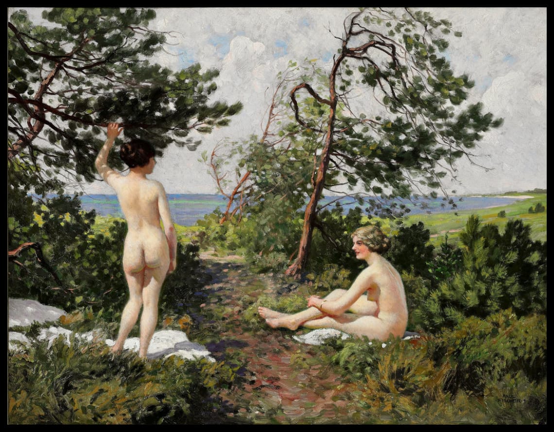 To badepiger i et krat ved kysten ved Hornbæk