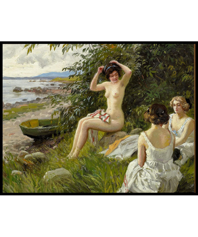 Tre badepiger i strandkanten