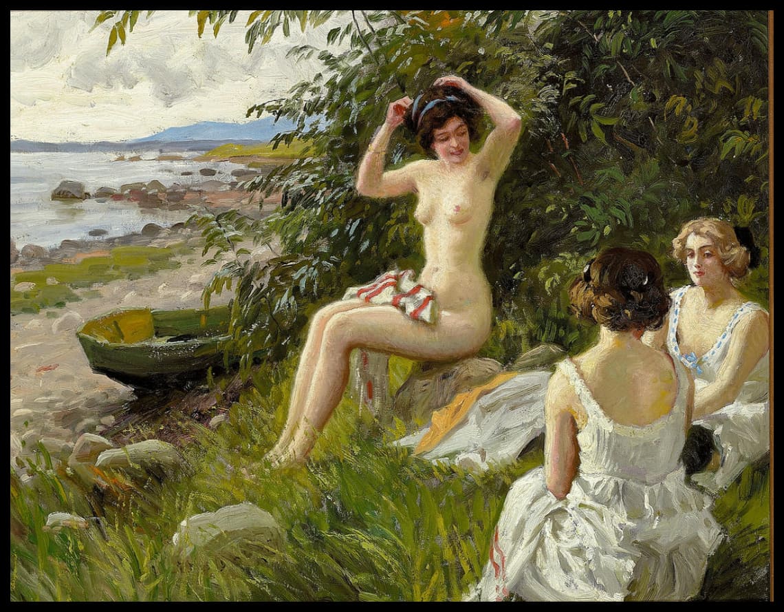 Tre badepiger i strandkanten