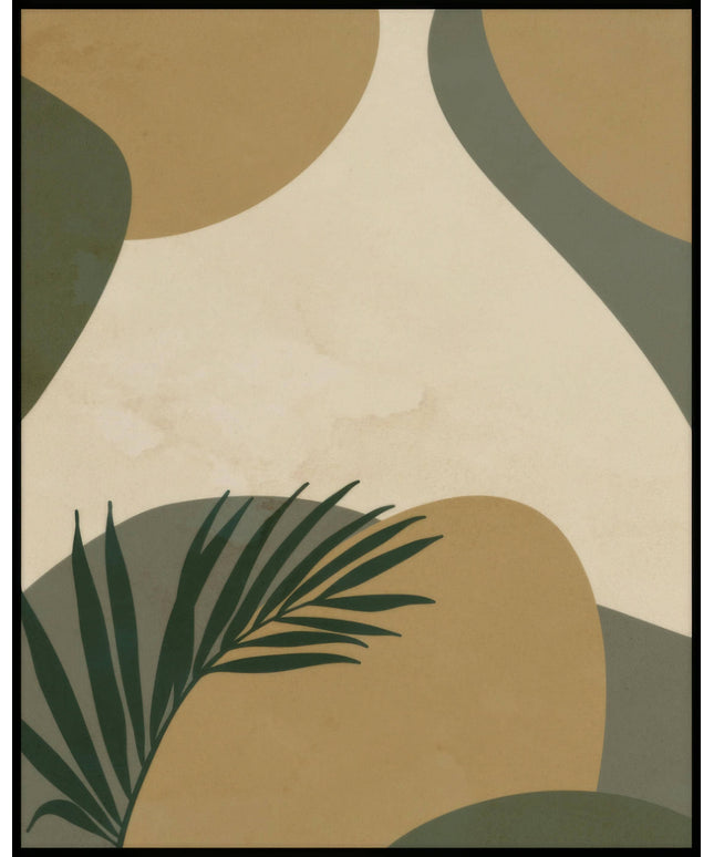 Ein Poster von abstrakten erdfarbenen Formen mit einer Palme im Vordergrund.