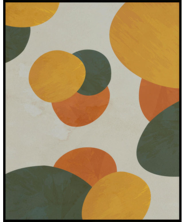 Ein Poster von abstrakten Formen in Gelb, Orange und Grün auf grauem Untergrund.