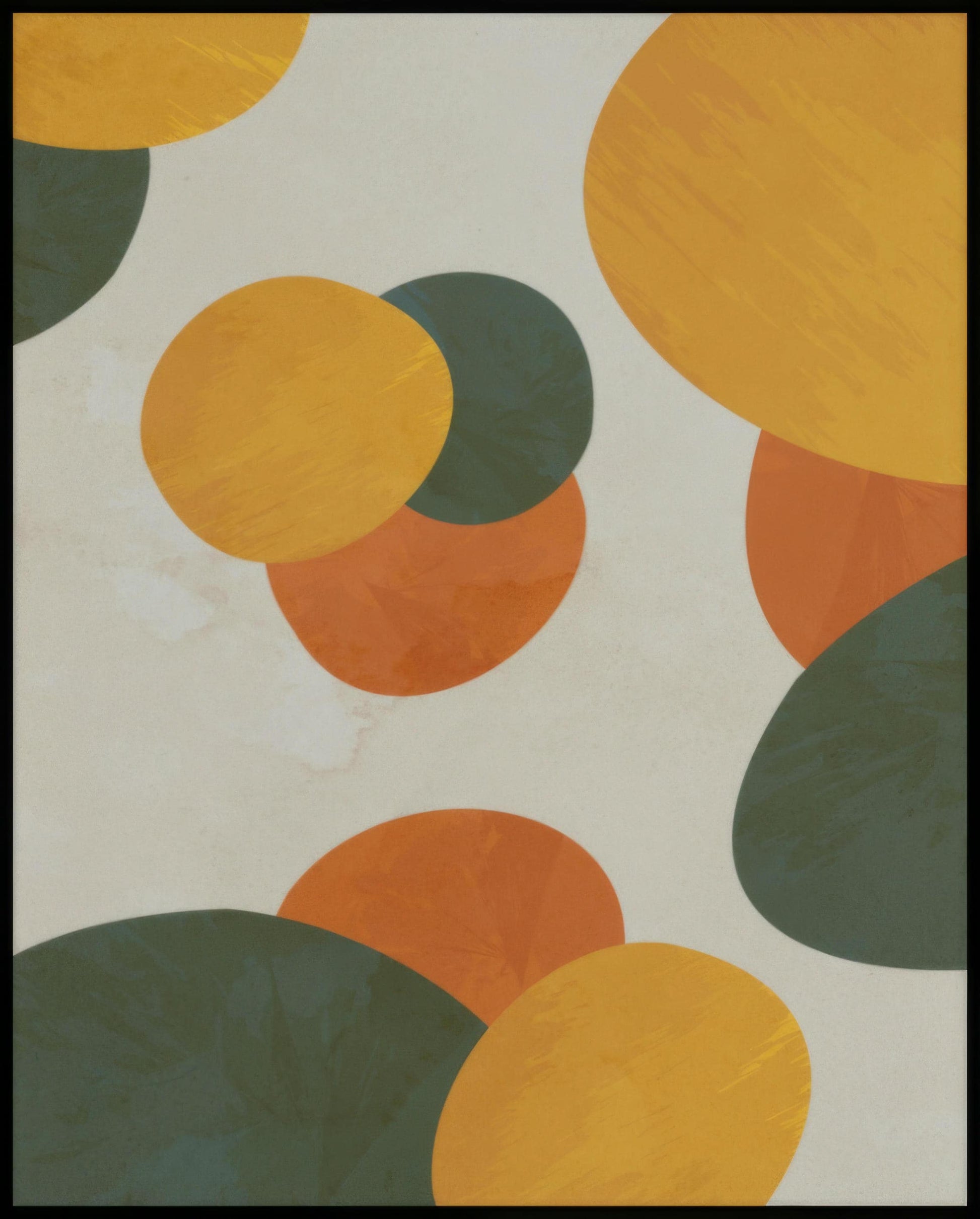 Ein Poster von abstrakten Formen in Gelb, Orange und Grün auf grauem Untergrund.