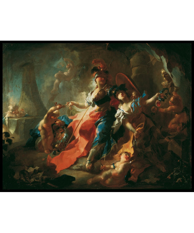 Die Akademie mit ihren Attributen zu Füßen Minervas