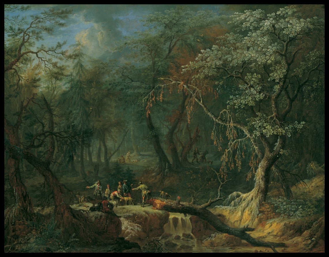 Waldlandschaft mit gestürztem Baum und Jägern