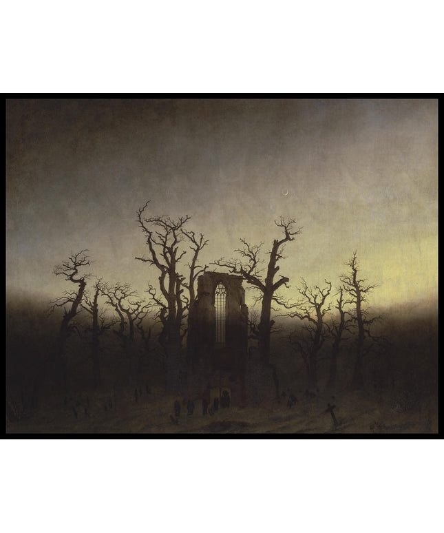 Ein Kunstdruck einer düsteren Waldszene mit kahlen Bäumen und einer gotischen Ruine, die von Nebel umgeben ist