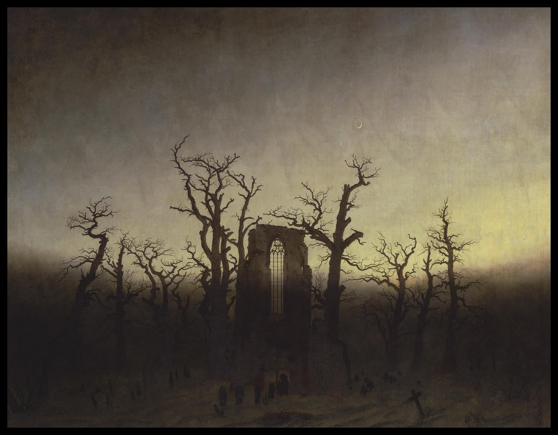 Ein Kunstdruck einer düsteren Waldszene mit kahlen Bäumen und einer gotischen Ruine, die von Nebel umgeben ist