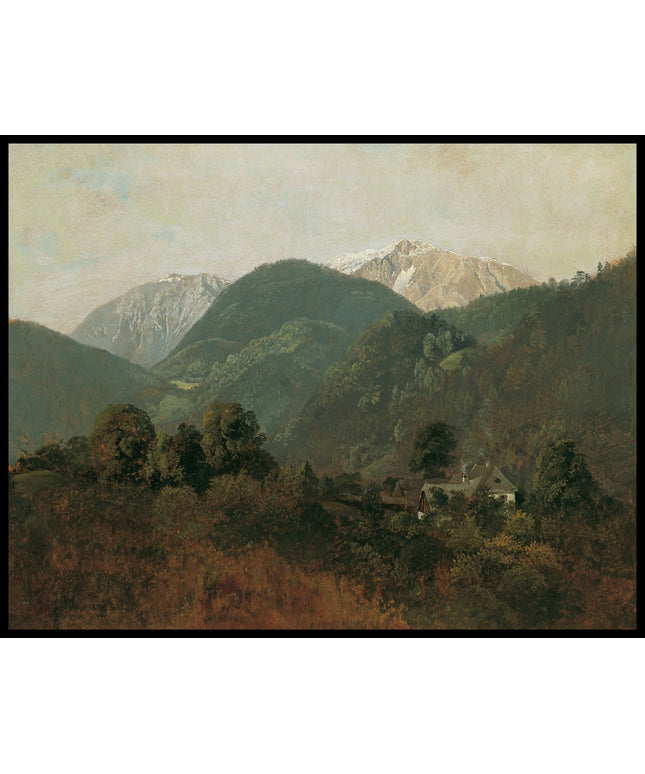 Blick von Scheuchenstein zum Gauermannhof mit Schneeberg im Hintergrund