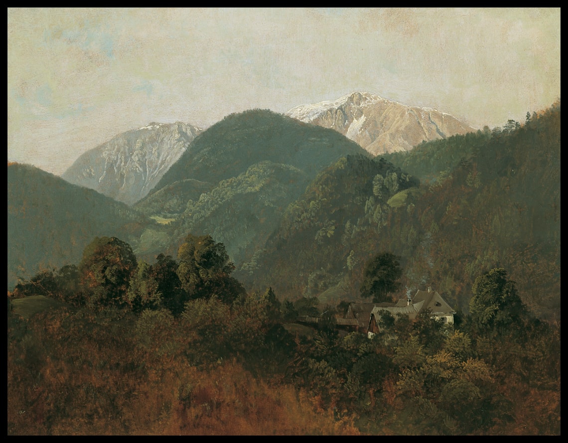 Blick von Scheuchenstein zum Gauermannhof mit Schneeberg im Hintergrund