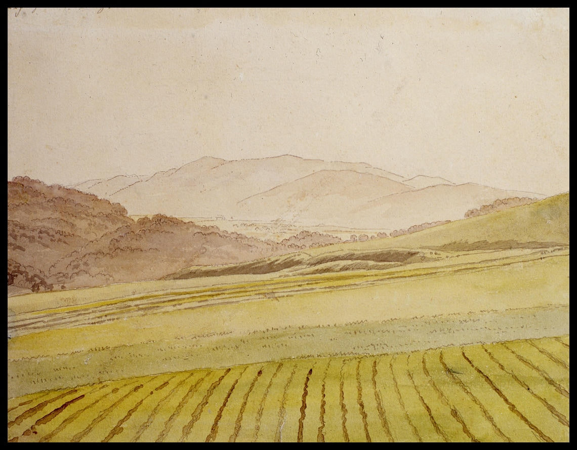 Ein Kunstdruck von einem Feld und bewaldeten Bergen im Hintergrund