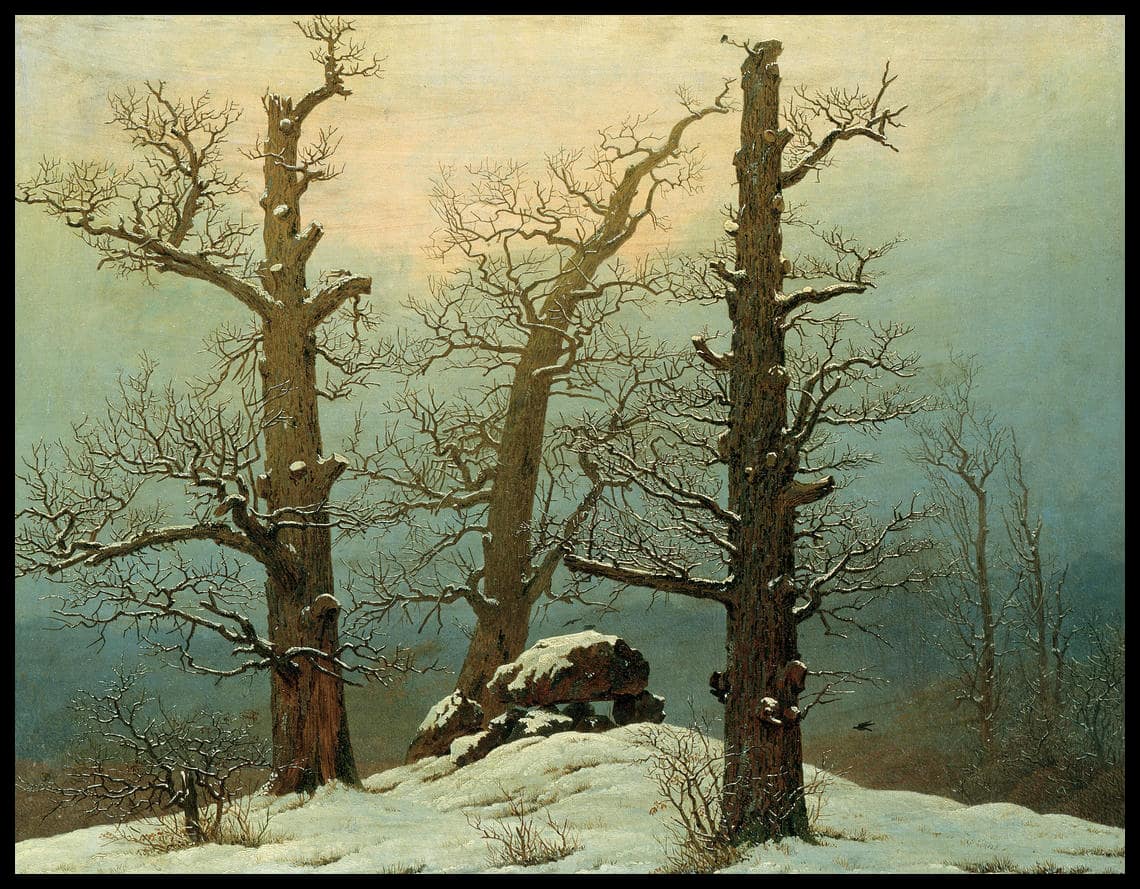 Ein Kunstdruck von einem Grosssteingrab neben drei kahlen Bäumen im Schnee