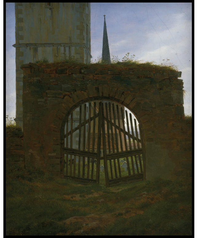 Ein Kunstdruck eines Friedhofstors vor einer steinernen Ruine mit Blick auf eine Kirche und einen Kirchturm
