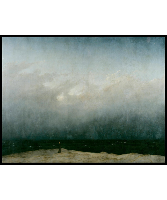 Ein Kunstdruck von einem einsamen Mönch vor einer düsteren Küstenszene