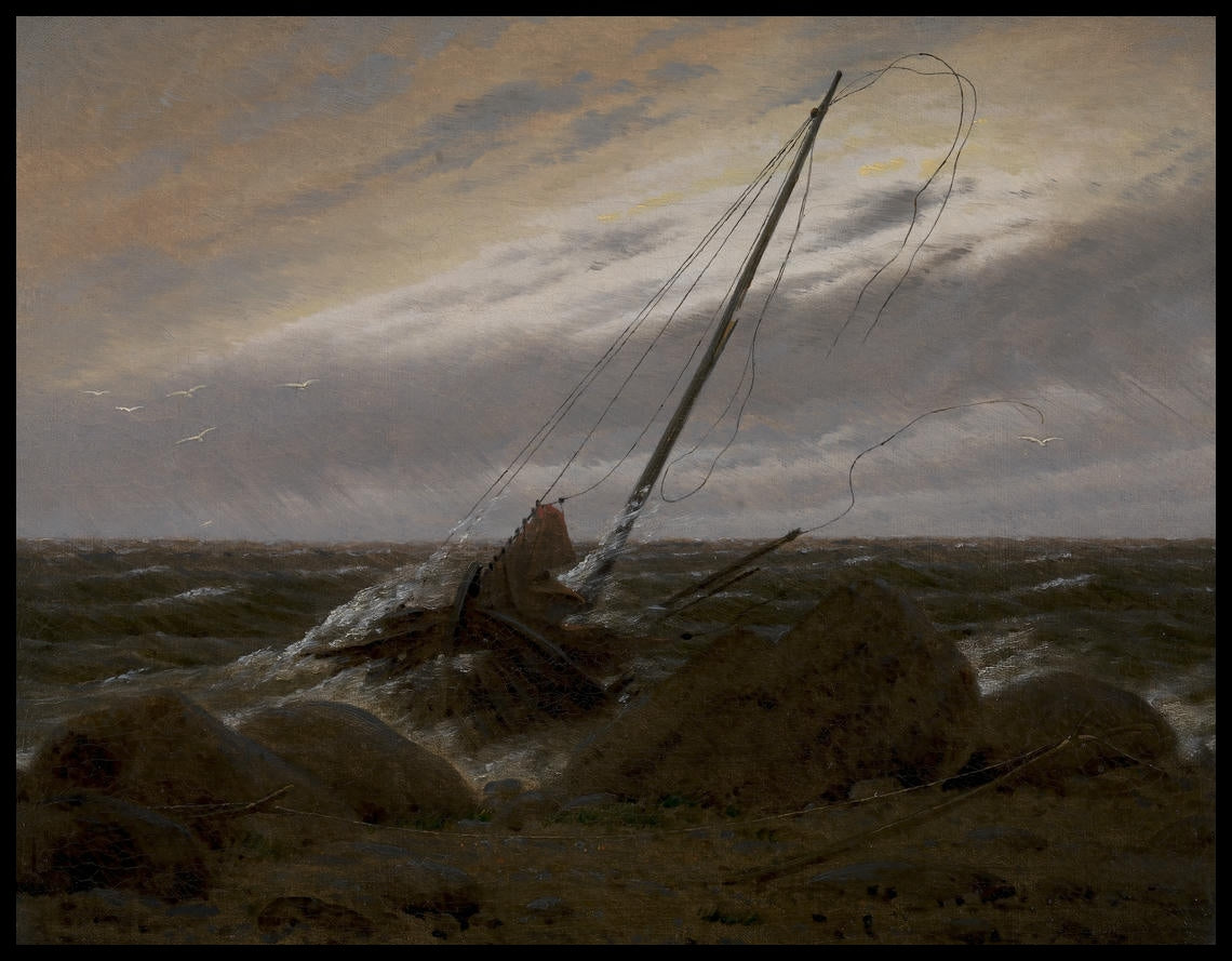 Ein Kunstdruck von einem Holzboot, das im Sturm an einer felsigen Küste aufgelaufen ist