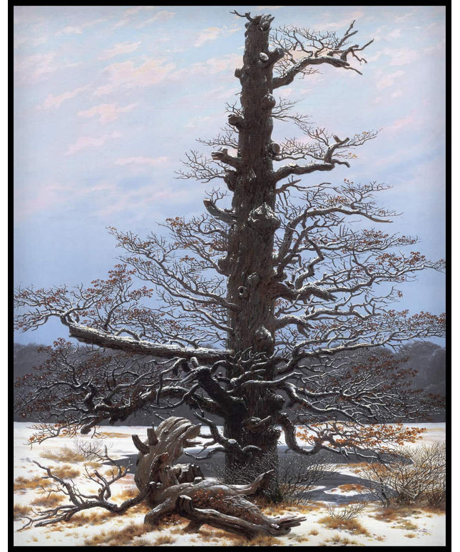Ein Kunstdruck eines kahlen Eichbaums mit verschneitem Boden und einem blassen Himmel im Hintergrund