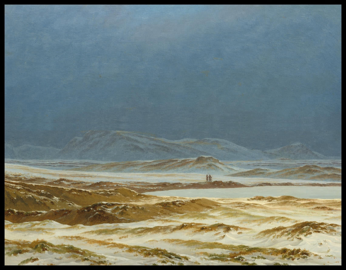 Ein Kunstdruck von einer schneebedeckten Landschaft mit vereisten und verschneiten Wasserflächen