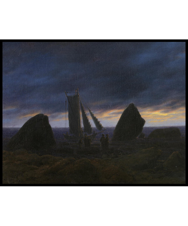 Ein Kunstdruck von zwei Fischerbooten zwischen zwei Felsen am Strand der Ostsee