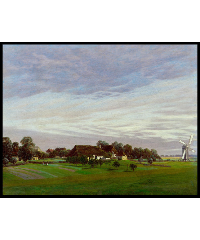 Ein Kunstdruck von einem kleinen Dorf und einer Windmühle, die von saftigen Wiesen umgeben sind