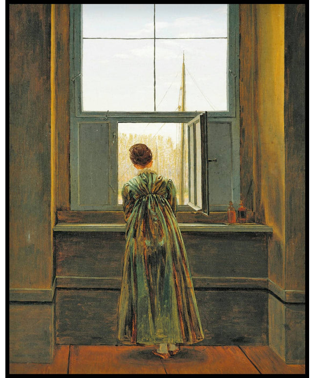 Ein Kunstdruck einer Frau in einem langen Kleid vor einem geöffneten Fenster mit Blick auf eine Mastspitze und eine Baumlandschaft