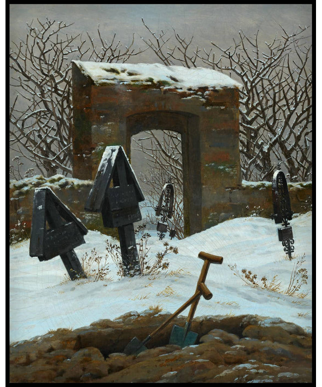 Ein Kunstdruck eines verschneiten Friedhofs mit einem Grab und Grabkreuzen vor kahlen Bäumen und einem Torbogen