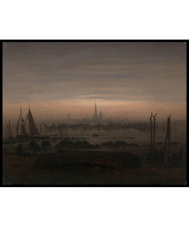 Ein Kunstdruck von einer düsteren Flusslandschaft im Mondschein bei Greifswald