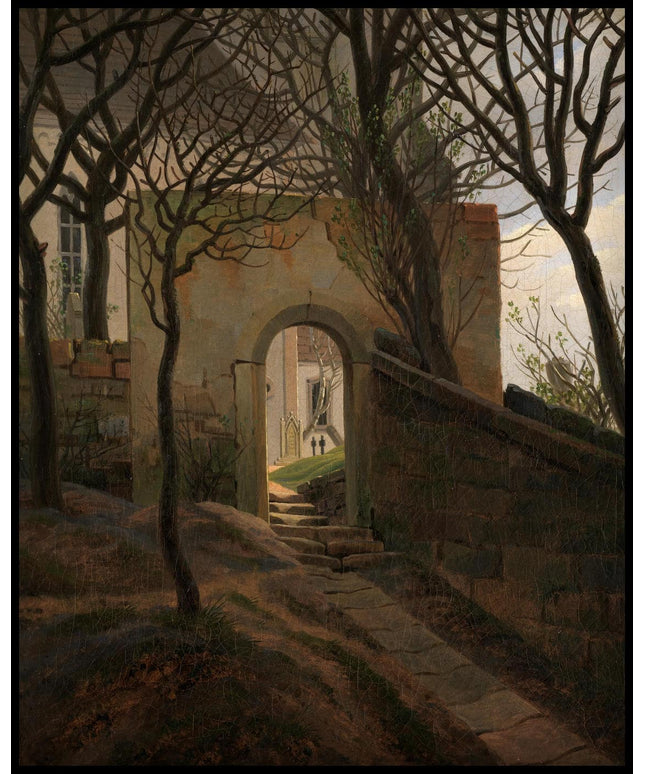 Ein Kunstdruck mit einer Darstellung eines steinernen Torbogens und Bäumen
