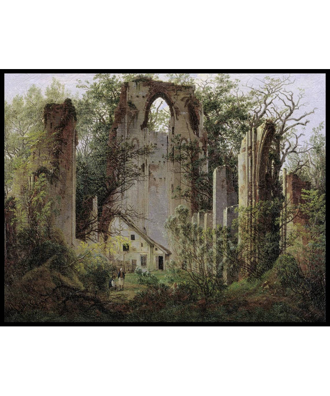 Ein Kunstdruck von einer antiken Klosterruine die von einigen Bäumen und Büschen bedeckt ist