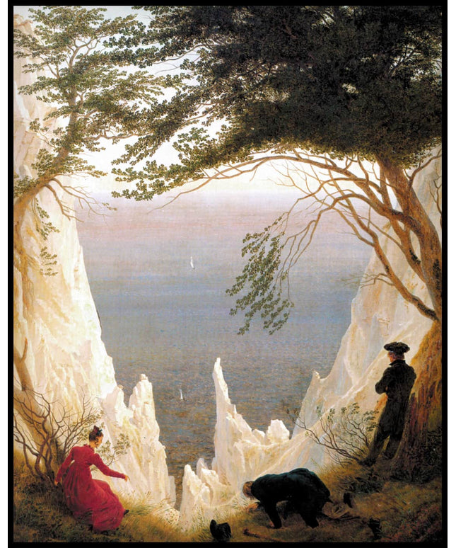 Ein Kunstdruck mit einer Darstellung der Kreidefelsen auf Rügen mit Figuren und Meer im Hintergrund