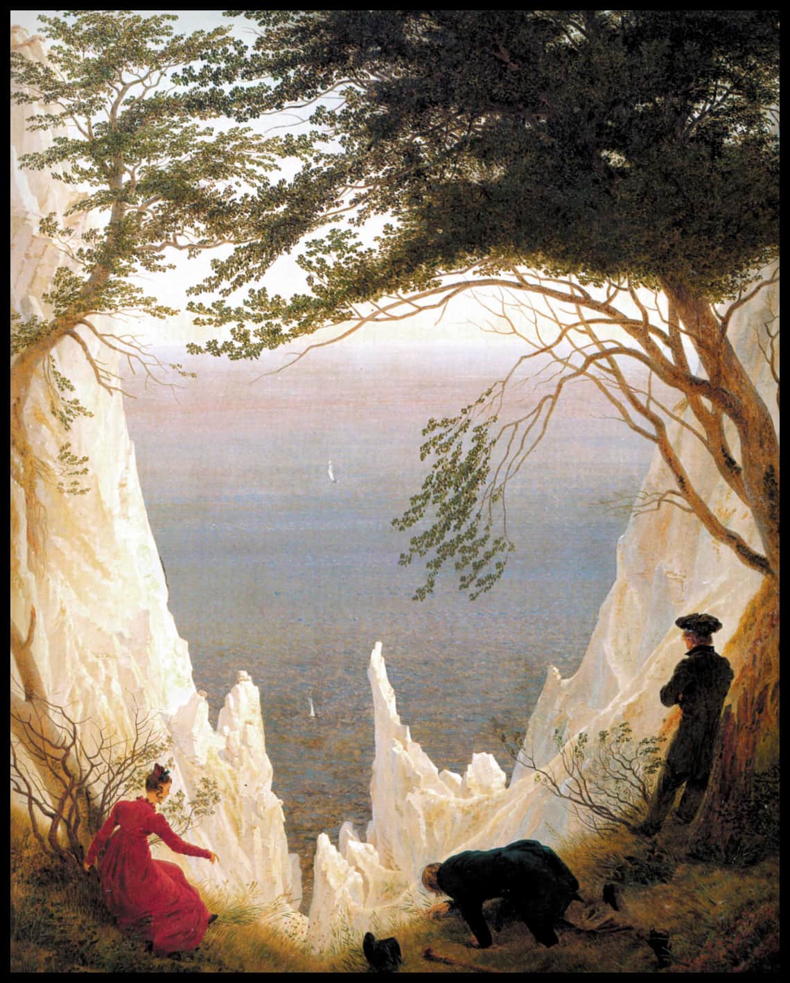 Ein Kunstdruck mit einer Darstellung der Kreidefelsen auf Rügen mit Figuren und Meer im Hintergrund