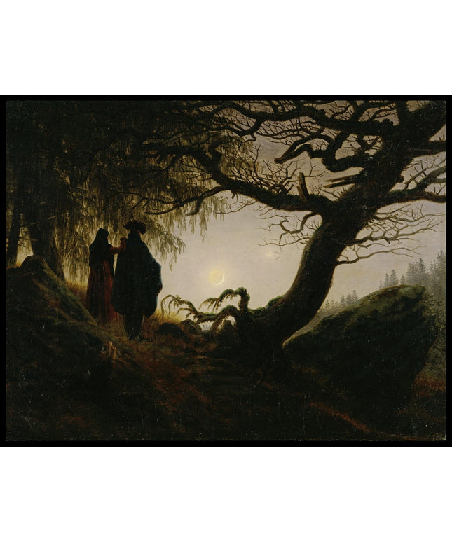 Ein Kunstdruck von einem Mann und einer Frau neben einem Baum die den Mond betrachten