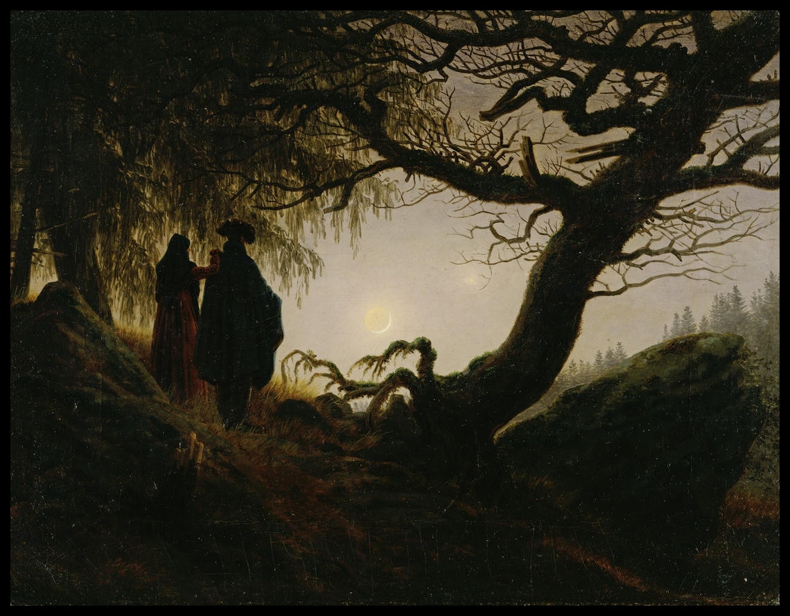 Ein Kunstdruck von einem Mann und einer Frau neben einem Baum die den Mond betrachten