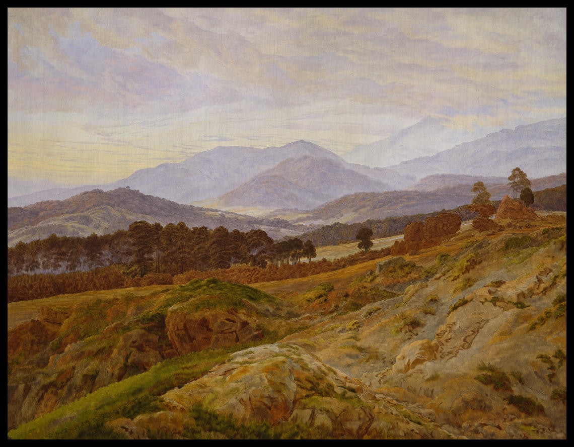 Ein Kunstdruck von einer bewaldeten, aufsteigenden Gebirgslandschaft im Riesengebirge