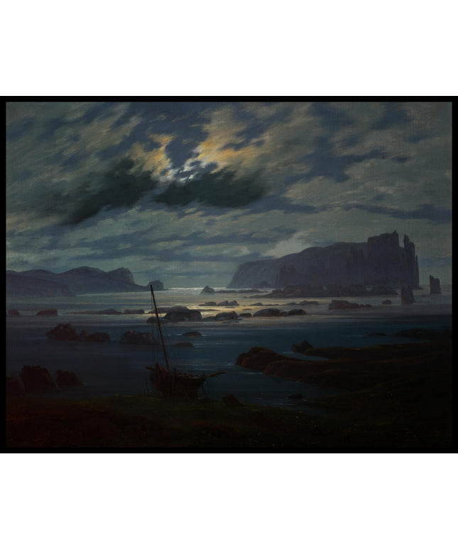 Ein Kunstdruck von einer düsteren Küstenlandschaft an der Nordsee im Mondlicht