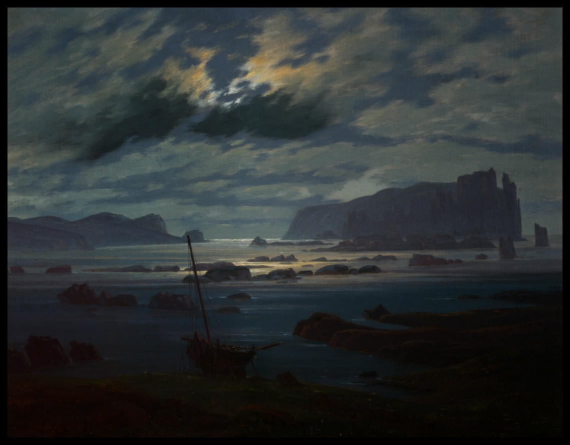 Ein Kunstdruck von einer düsteren Küstenlandschaft an der Nordsee im Mondlicht