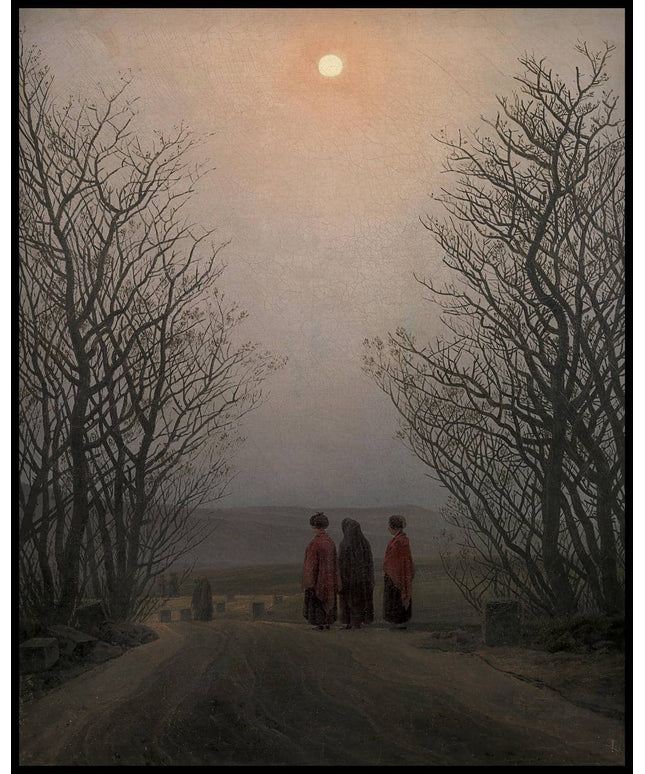 Ein Kunstdruck mit kahlen Bäumen, drei Personen auf einem Weg und heller Sonne am Himmel