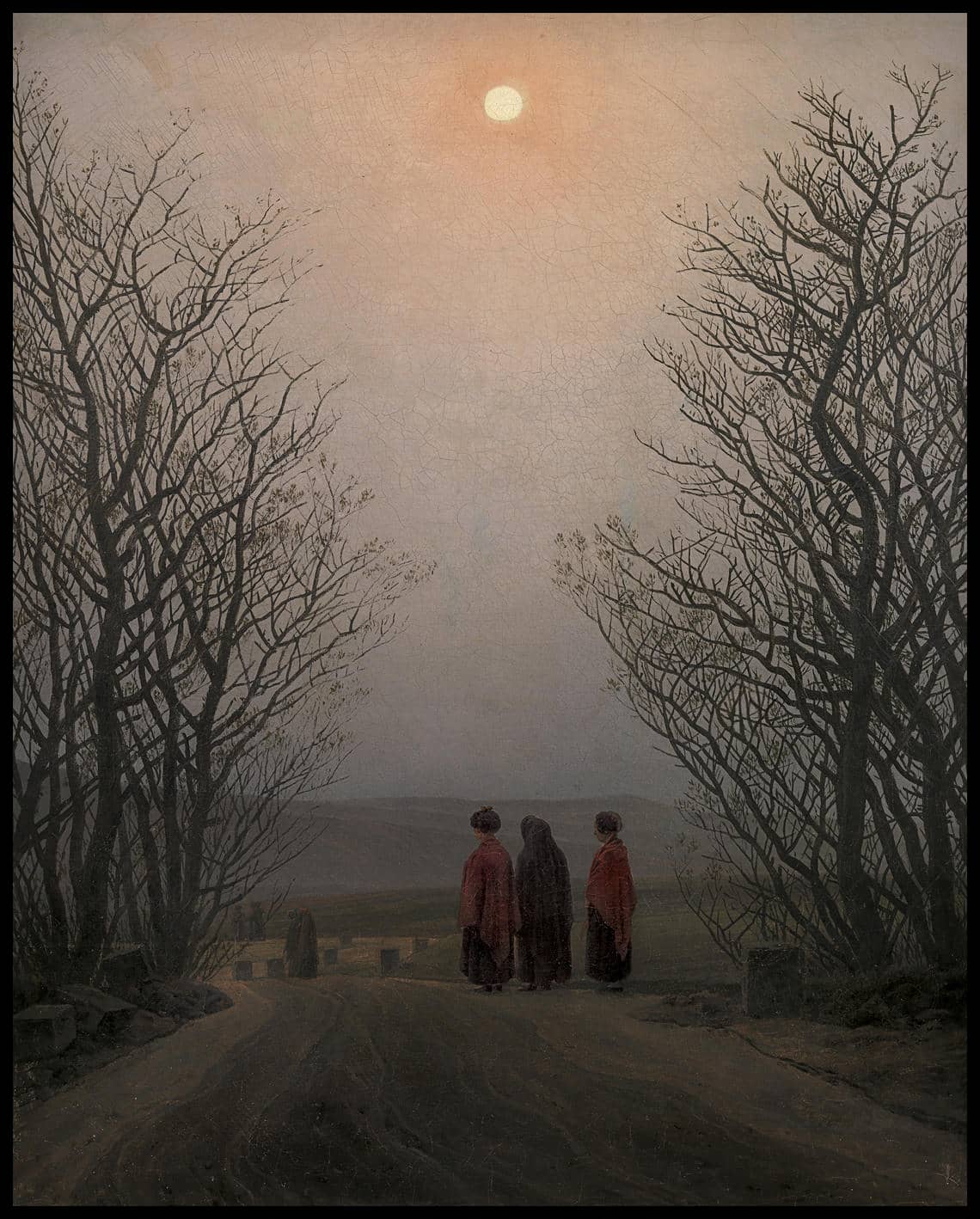 Ein Kunstdruck mit kahlen Bäumen, drei Personen auf einem Weg und heller Sonne am Himmel